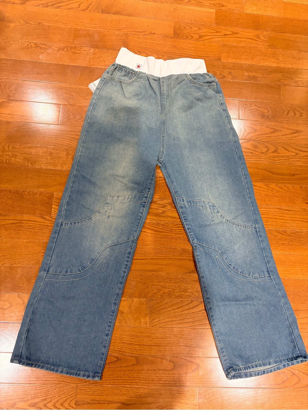 Light Wash Denim Jogger Pants with White Elastic Waistband
